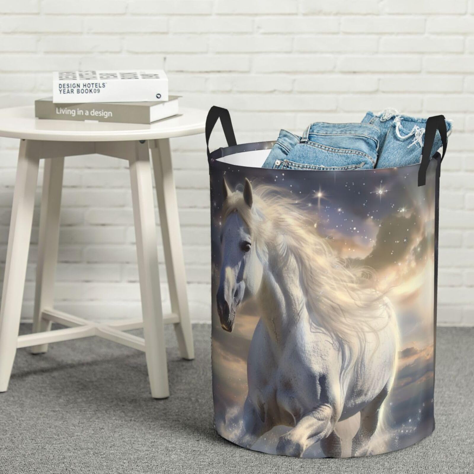 HSYOYO White Horse Laundry Basket Collapsible Laundry Hamper Large Round Laundry Storage Basket with Handles Waterproof Laundry Organizer Bag for Clothes Toy Bedroom Nursery