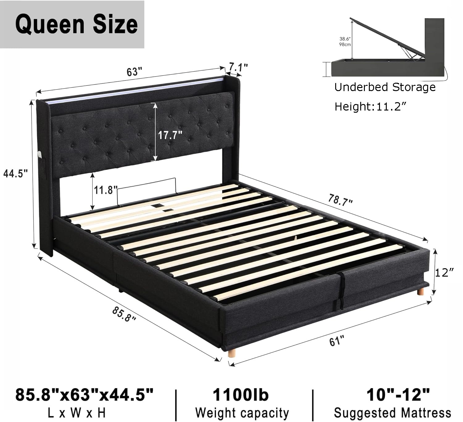 Ailisite Lift Up Storage Bed Queen with Headboard and Storage, Black Upholstered Storage Bed with Wingback Tufted Headboard, Led Queen Size Bed Frame with Charging Station, No Box Spring Needed