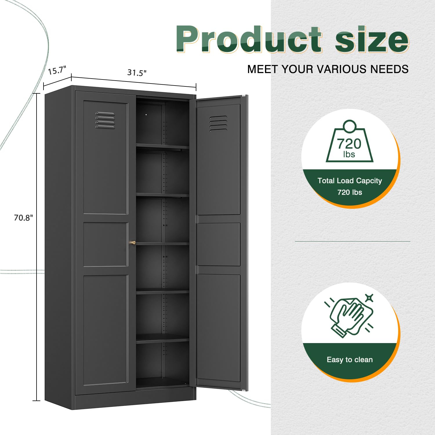 Letaya Black Storage Cabinet with Adjustable Shelves-Metal Home Kitchen Pantry Cabinets with Doors,Organization Locker for Cupboard/Bedroom/Dining/Living/Bathroom/Office/Garage Room