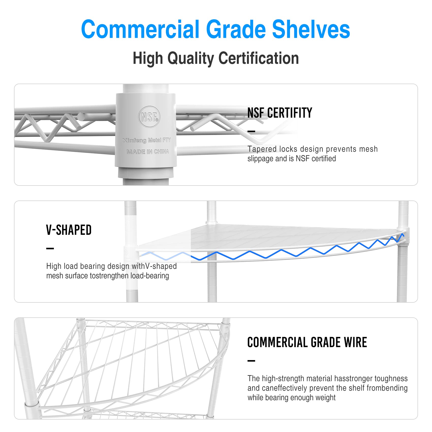 White 6 Tier NSF Metal Triangular Corner Wire Shelving Units, 420lbs Storage Rack for Kitchen, Utility Room, Warehouse, 72" H x 18" L x 18" W