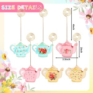 12 Pcs Teapot Wooden Place Card Holder Tea Floral Party Wooden Table Sign Teapot Picture Number Sign Stands Holder for Wonderland Tea Party Baby Shower Tea Party Name Holders