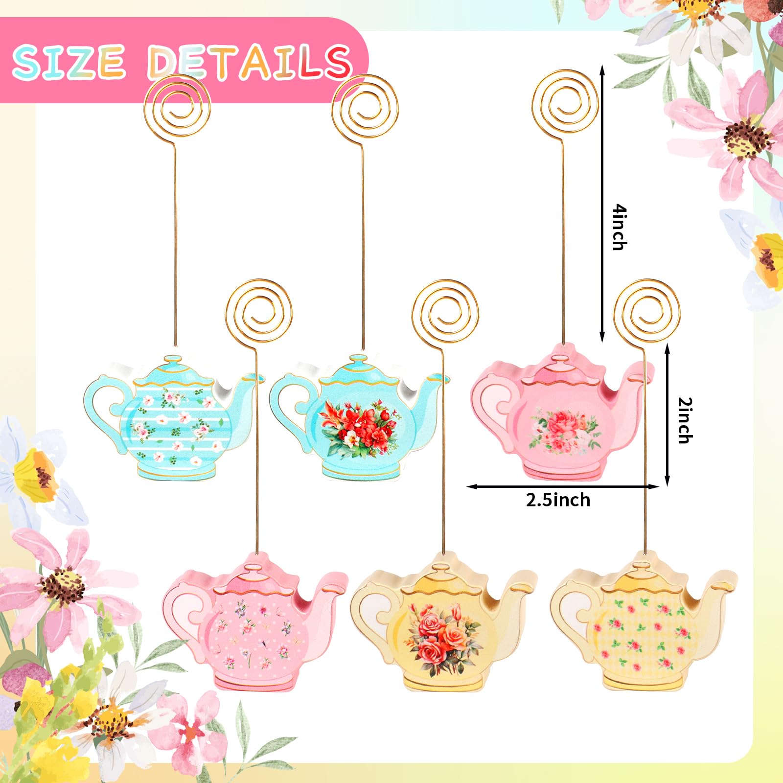 12 Pcs Teapot Wooden Place Card Holder Tea Floral Party Wooden Table Sign Teapot Picture Number Sign Stands Holder for Wonderland Tea Party Baby Shower Tea Party Name Holders