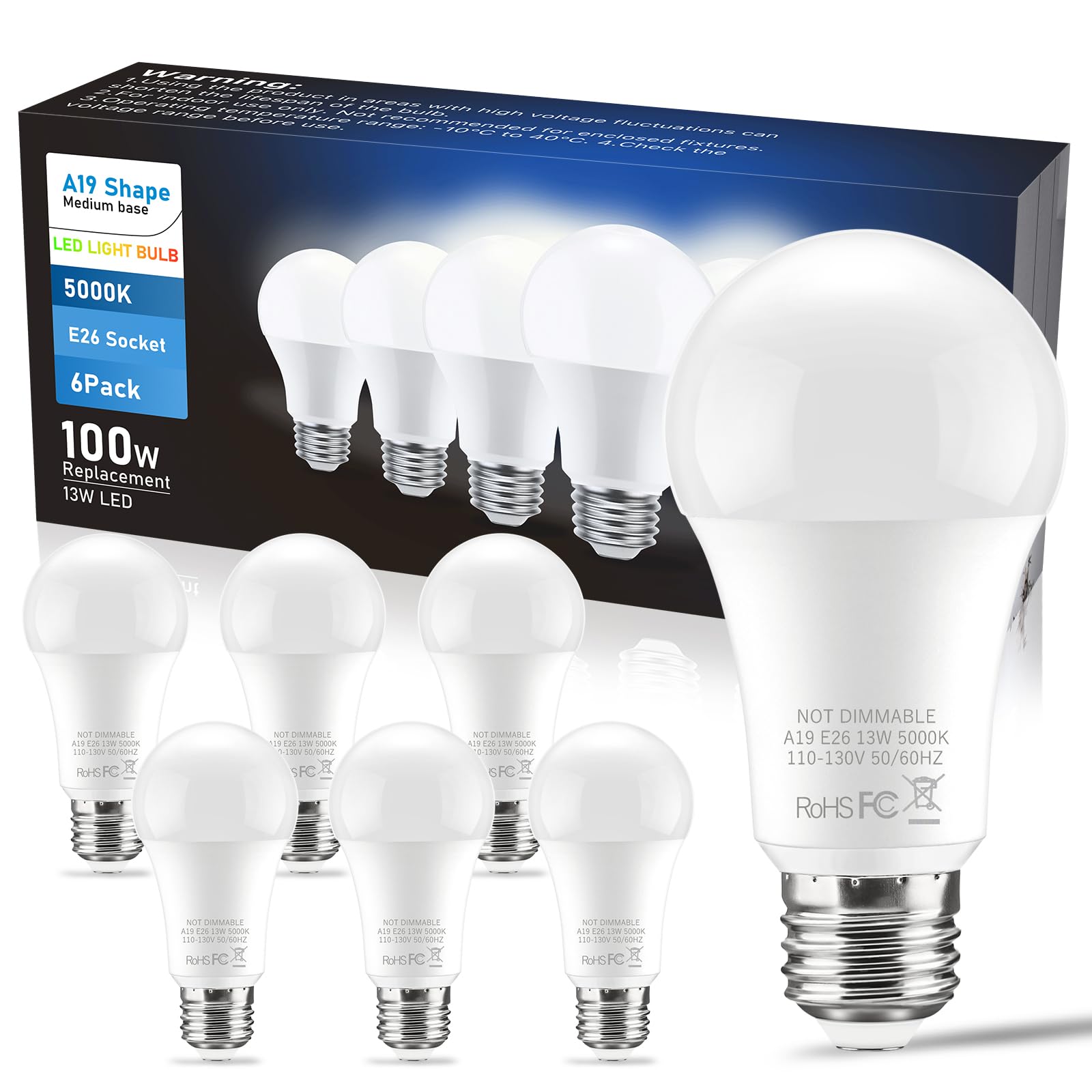 BTBHIHO 6-Pack A19 LED Light Bulbs 100W Equivalent 1250 Lumens, 13W 5000K Cool White Non-Dimmable, No Flicker, Super Bright CRI85+ Standard E26 Edison Screw Bulbs for Bedroom, Home, Office