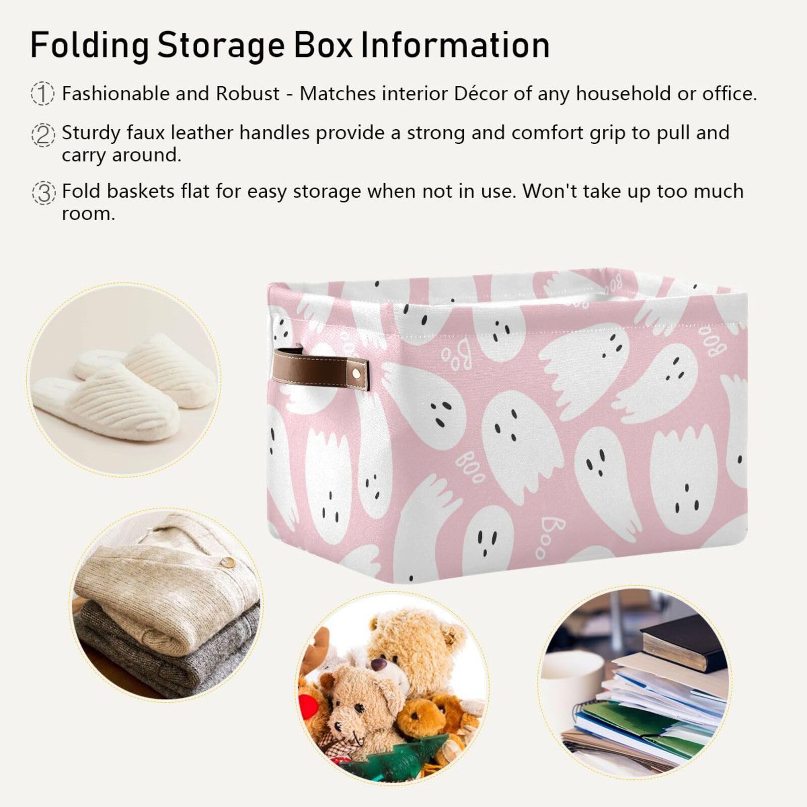 ZENWAWA Storage Cube Pink Halloween Cartoon Print Collapsible Fabric, Large Foldable Open Organizer Bins Baskets with PU Handles 1 Pack