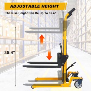 VisHomeYard Pallet Truck Trolley, Lift Table, 440 lbs 35.4“ Max Lift with 8” Wheels, Swivel Casters, Hand Forklift