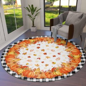 huotupsine fall thanksgiving round area rugs, orange pumpkins maple leaf black plaid non-skid children playing mat, 3ft soft circle farmhouse rugs for living room, bedroom, dining room