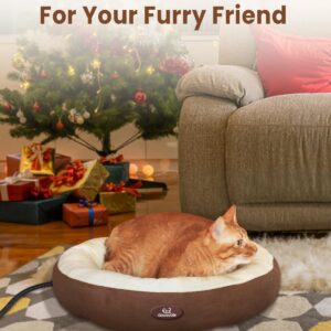 clawsable Heated Cat Bed for Small Medium Size Cats, Super Soft Round Heated Pet Bed with Warming Temperature Cat Bed for Indoor Cats, Electric Cat Heating Bed for Kittens (Beige+Brown)