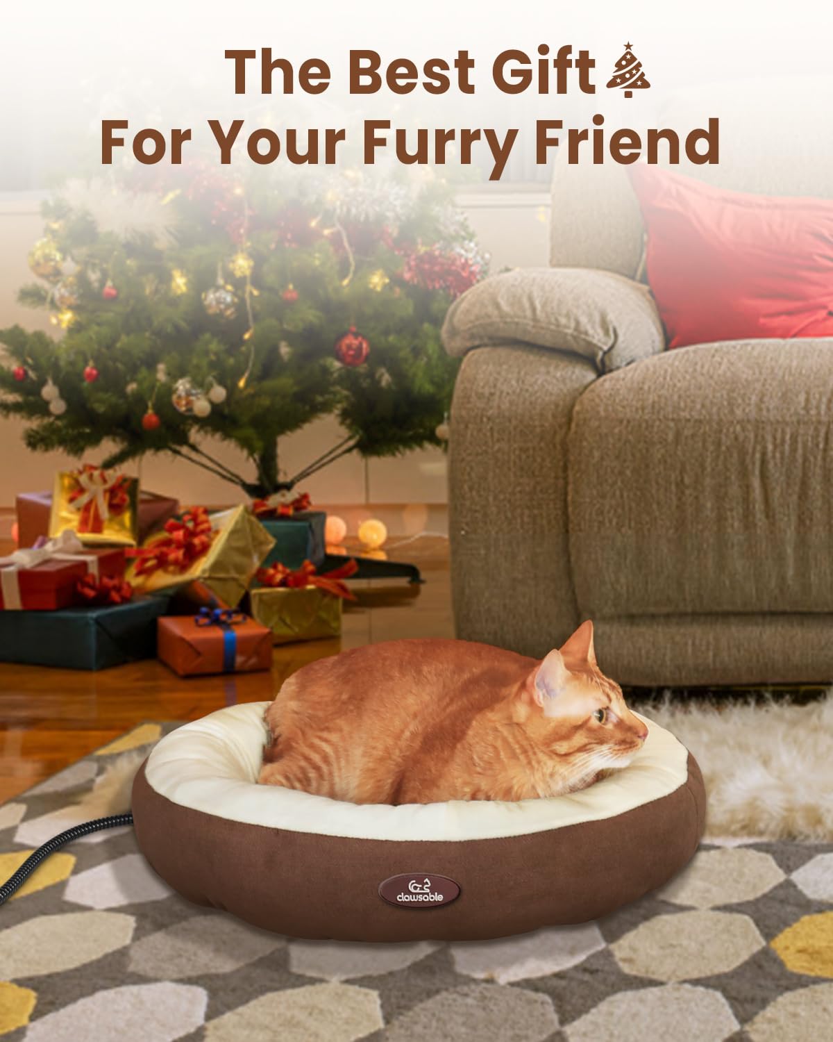 clawsable Heated Cat Bed for Small Medium Size Cats, Super Soft Round Heated Pet Bed with Warming Temperature Cat Bed for Indoor Cats, Electric Cat Heating Bed for Kittens (Beige+Brown)