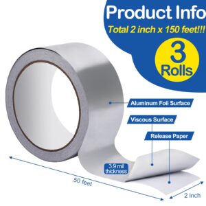 NUITPY 3 Pack Aluminum Foil Tape, 3.9 mil 2" x 150 Feet Total Foil Tape, Silver High Temperature Tape, Metal Tape, Seal HVAC Tape, Insulation Foil Tape for Ductwork, HVAC, Dryer Vent, Seal