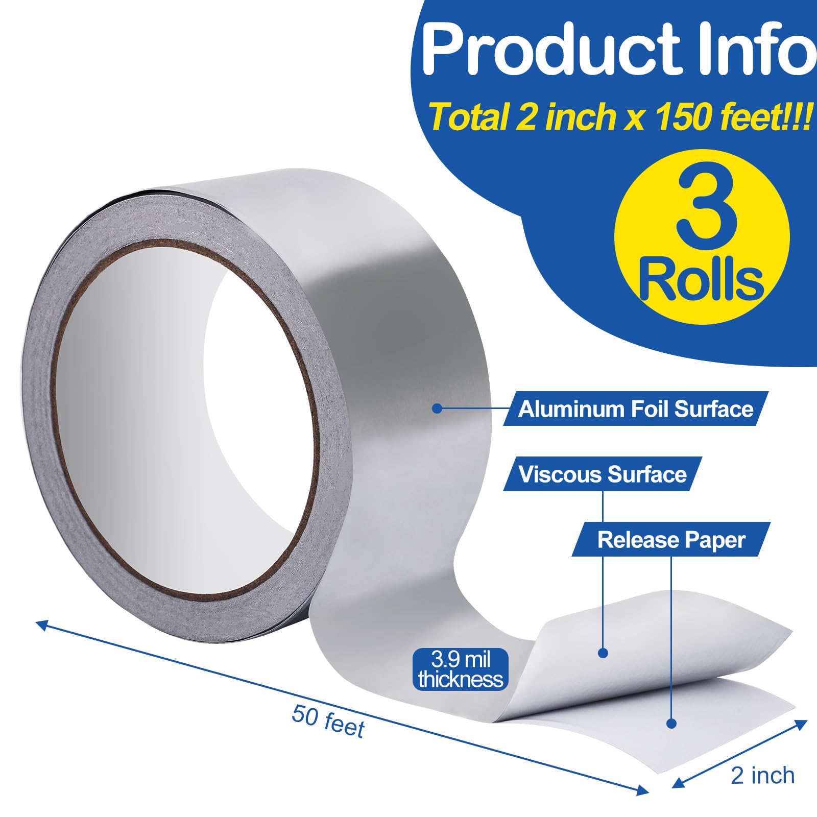 NUITPY 3 Pack Aluminum Foil Tape, 3.9 mil 2" x 150 Feet Total Foil Tape, Silver High Temperature Tape, Metal Tape, Seal HVAC Tape, Insulation Foil Tape for Ductwork, HVAC, Dryer Vent, Seal