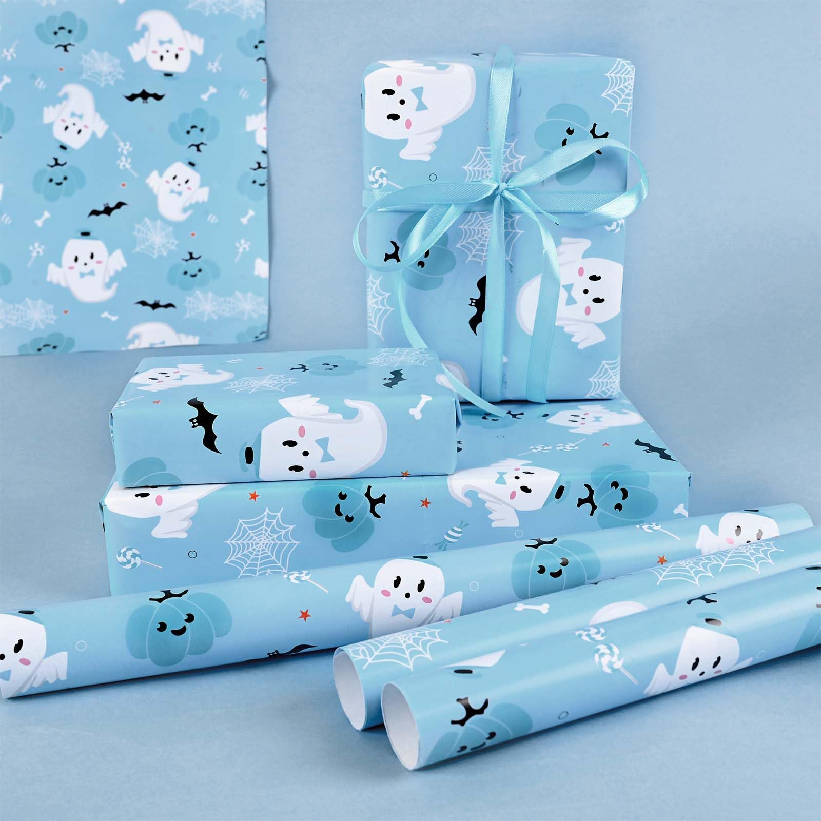 12 Sheets Halloween Wrapping Paper Blue Ghost Pumpkin Bat Printed Gift Wrap Paper Folded Flat Art Decorative Paper for Happy Boo Day Gifts Wrapping Baby Shower DIY Crafts, 19.7 x 27.5 inch