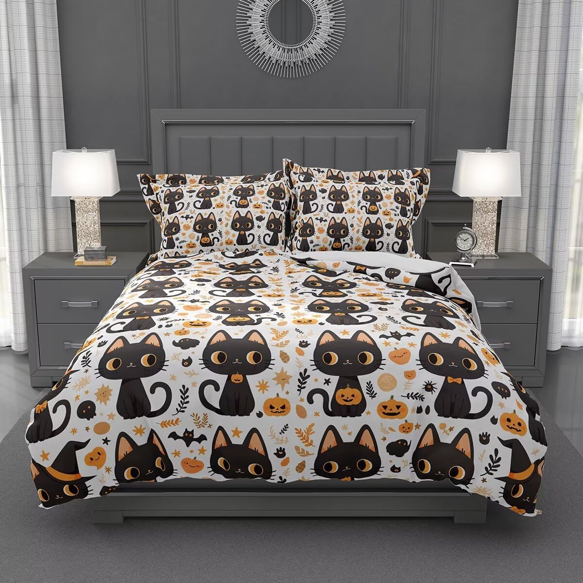 Lokaluo 3D Printed Duvet Cover Twin Size Pumpkin Lights Ghost Cat Star Bat Twin Duvet Cover Set for Kids Adults Ghost Festival Themed Bedding Sets Halloween 3 Pcs Comforter Cover with 2 Pillowcases