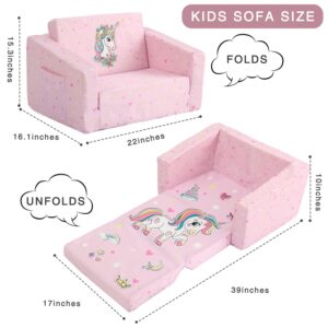 JoiyeScent Large Play Kids Sofa, Children's 2 in 1 Convertible Sofa to Lounger, Extra Soft Sofa Bed Fold Out for Toddler Girls, Cute Unicorn Print Pre-Assembled Kids Furniture for Playroom Bedroom