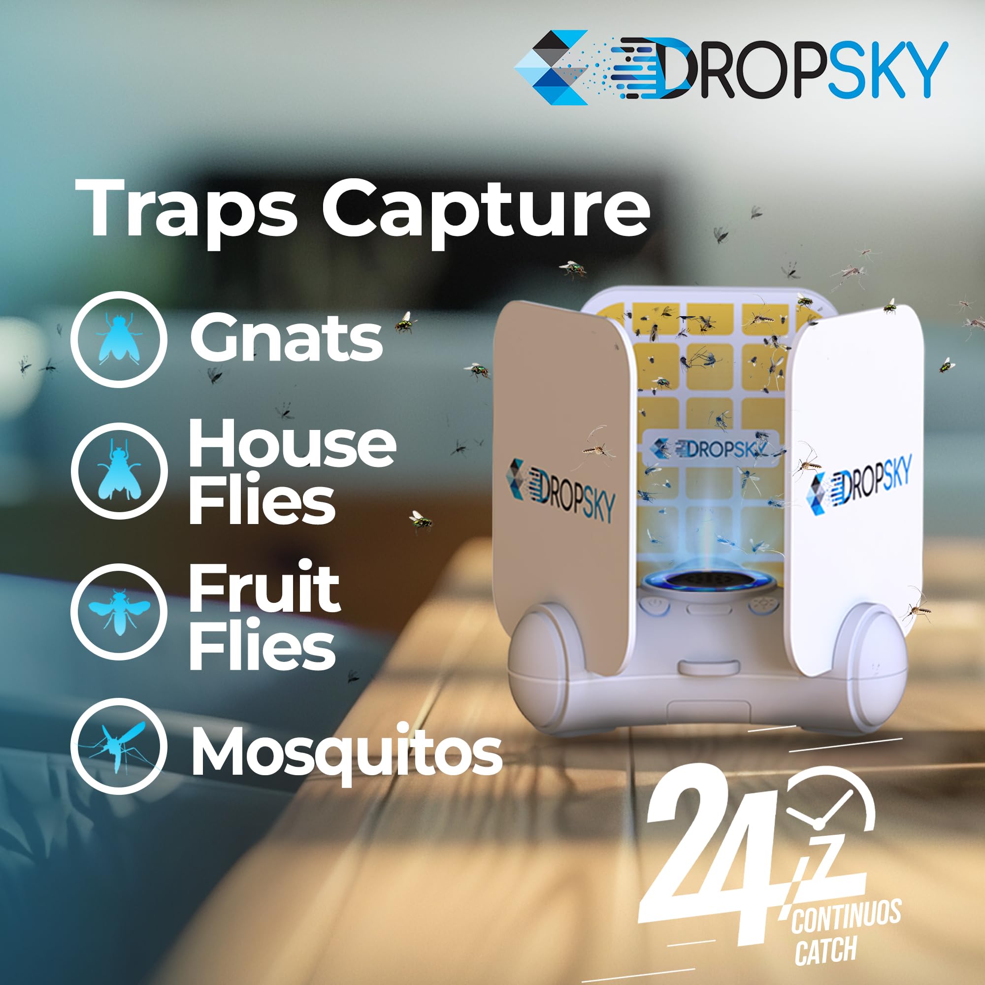 Dropsky 360 Portable Flying Insect Trap, Gnat Traps for House Indoor & Outdoor- Higher Coverage Blue Light Fly Trap- Get Rid of Flies- Safe for Pets & Kids- Fly Trap + 3 Glue Cards+ USB+Cable Charger​