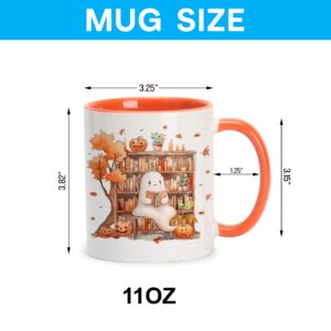 Hyturtle Fall Halloween Coffee Mug - Cute Ghost Reading Book Mug - Maple Leaves Spooky Pumpkin Gifts For Men Women On Halloween Birthday Christmas - 11oz Two Tone Orange/White Ceramic Coffee Tea Cup