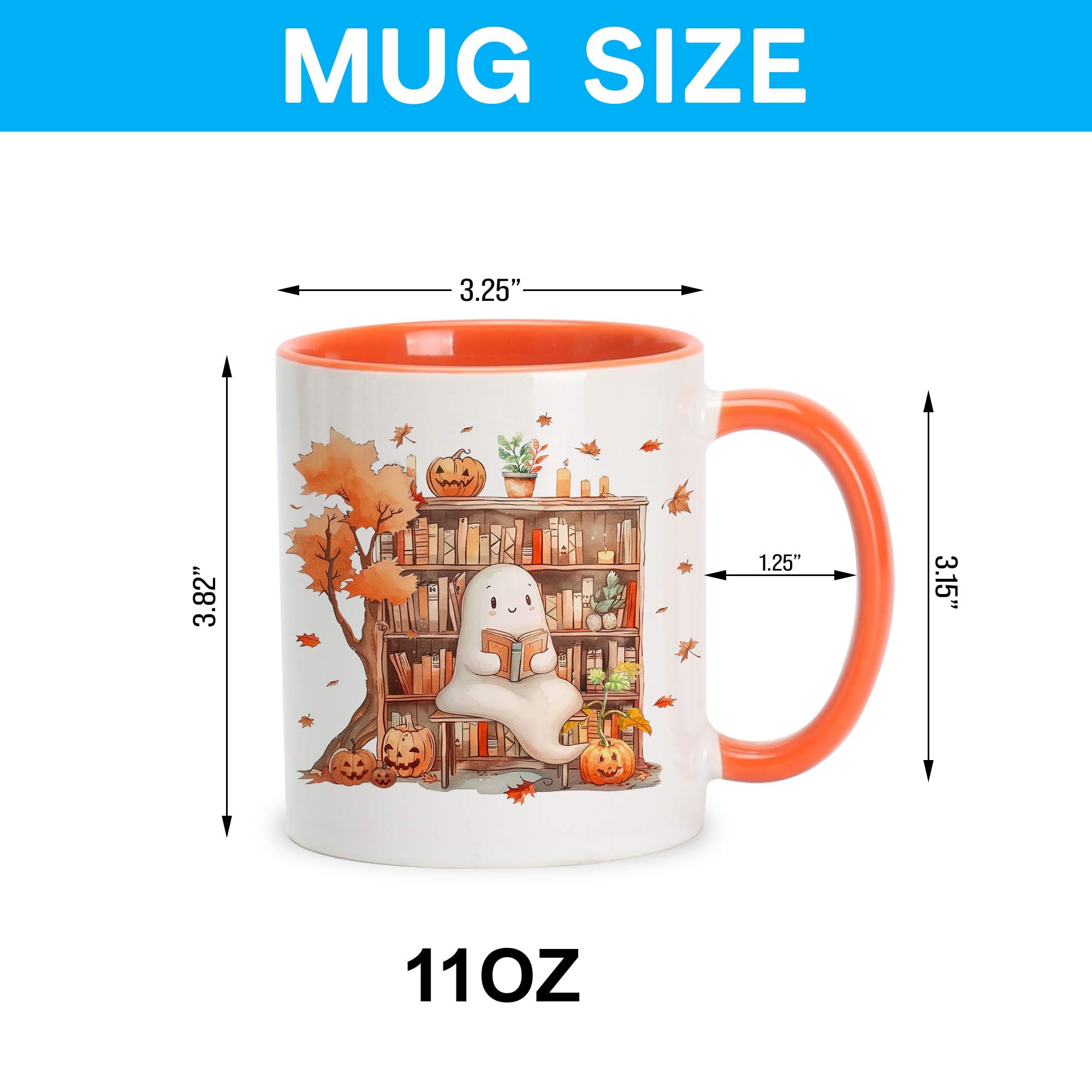 Hyturtle Fall Halloween Coffee Mug - Cute Ghost Reading Book Mug - Maple Leaves Spooky Pumpkin Gifts For Men Women On Halloween Birthday Christmas - 11oz Two Tone Orange/White Ceramic Coffee Tea Cup