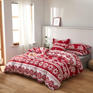 Christmas Duvet Cover Set Queen Size, Red and White Snowflake Xmas Holiday Pattern Design, Soft Microfiber Duvet Cover with Zipper Closure, Includes 1 Duvet Cover and 2 Pillow Shams