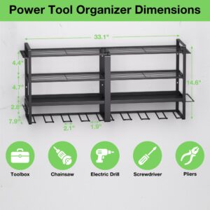 Sixfivsevn Power Tool Organizer, 8 Drill Holder Wall Mount, 4 Layers Garage Tool Organizers and Storage Rack, Heavy Duty Metal Tool Shelf with Hooks/Screwdriver Holder/Plier Holder/Hammer Holder