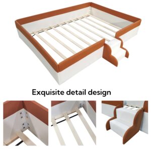 Merax Queen Size Upholstered Kids Daybed Frame with Fence and Stairs, Wood Bed for Living Room, Floor Bed, White+Brown