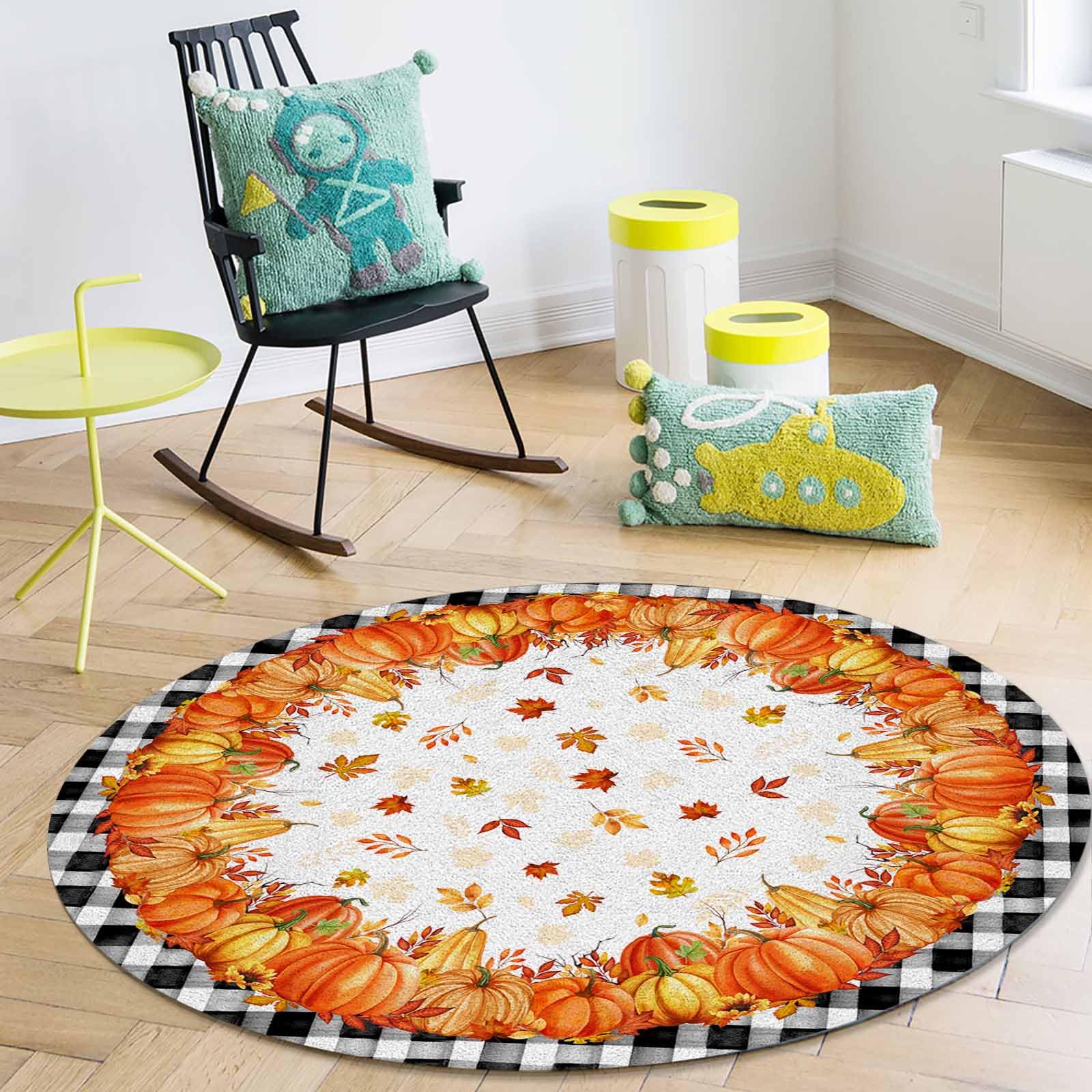 Huotupsine Fall Thanksgiving Round Area Rugs, Orange Pumpkins Maple Leaf Black Plaid Non-Skid Children Playing Mat, 3ft Soft Circle Farmhouse Rugs for Living Room, Bedroom, Dining Room