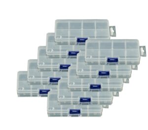 10-pack small plastic storage box case container snackle box with 8 grid dividers 2.45" x 5.2" x .97" for beads, tackle box, fishing hooks, bobs, buttons, jewelry grid size: 1.25" x 1.2" party favors