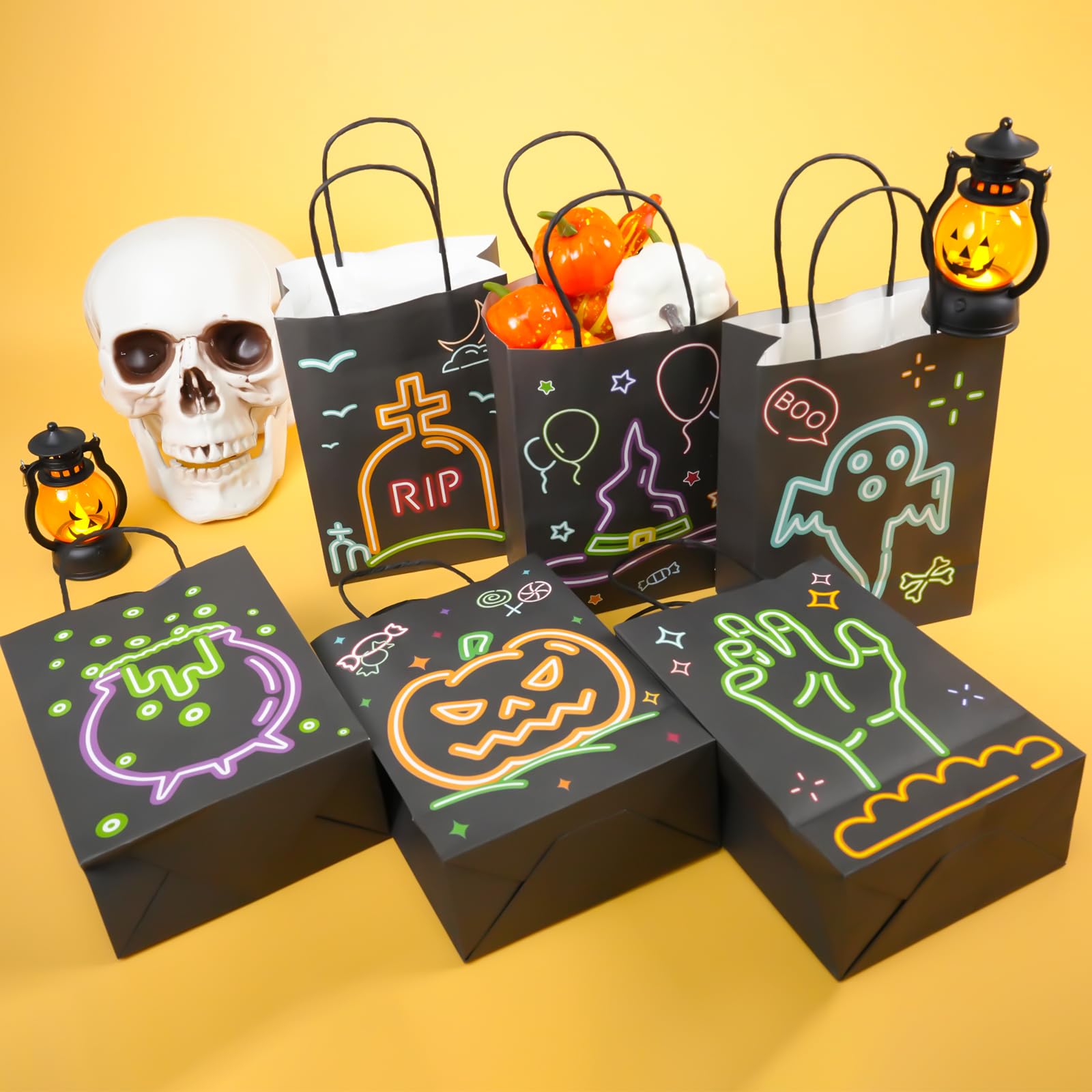 NODMIPNS 24 Pack Halloween Paper Gift Candy Bags with Handle,Halloween Neon Black Shining Trick or Treat Goody Bags,Kraft Paper Halloween Candy Bags for Goodie Snack Trick or Treating Party Supplies