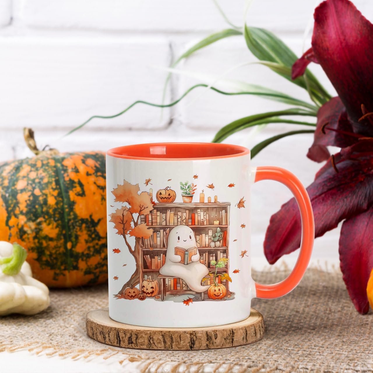 Hyturtle Fall Halloween Coffee Mug - Cute Ghost Reading Book Mug - Maple Leaves Spooky Pumpkin Gifts For Men Women On Halloween Birthday Christmas - 11oz Two Tone Orange/White Ceramic Coffee Tea Cup