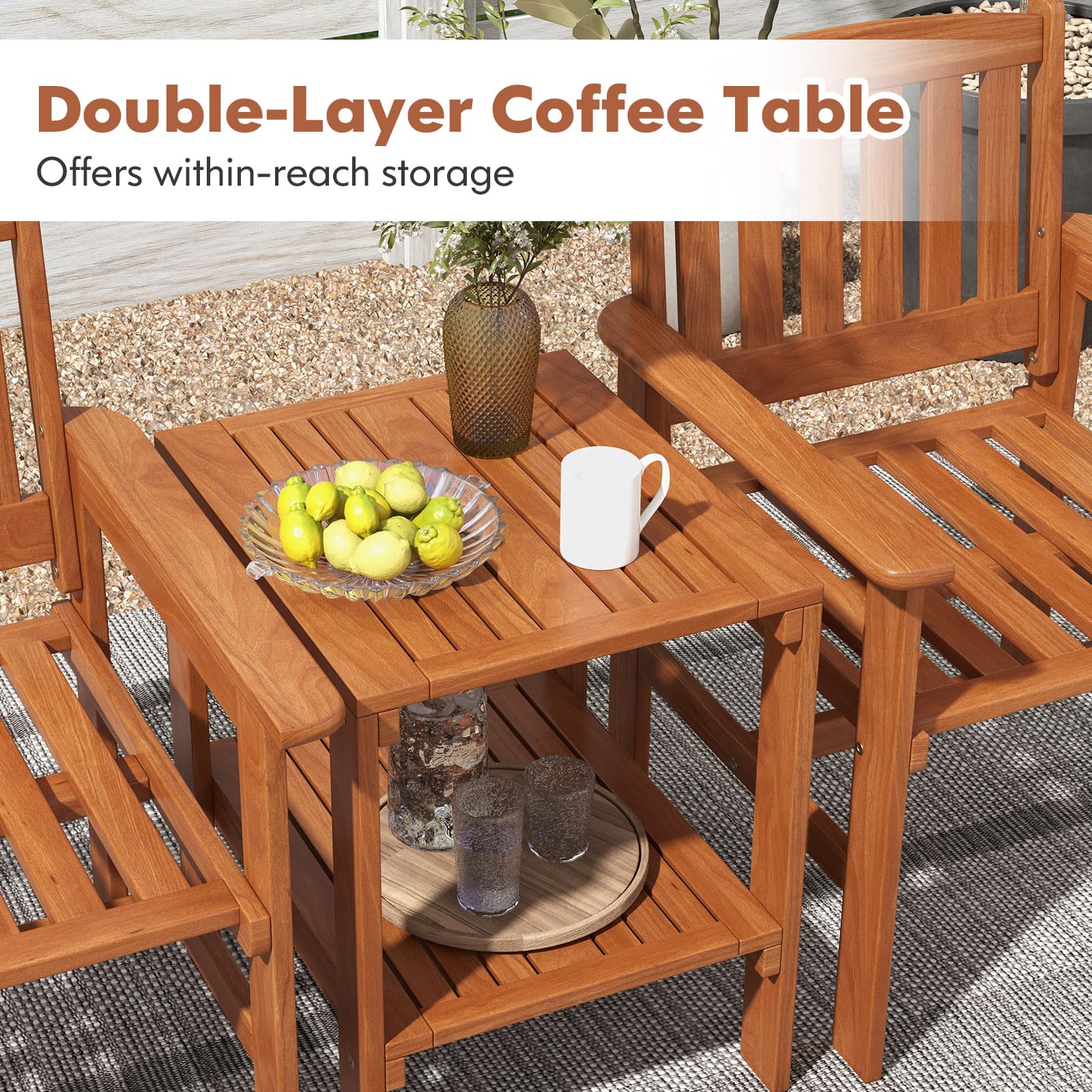 Tangkula 3 Piece Patio Conversation Set, Outdoor Wood Conversation Seat with Table and Umbrella Hole, Outdoor Furniture Set of 3 for Garden Poolside Backyard Balcony Porch