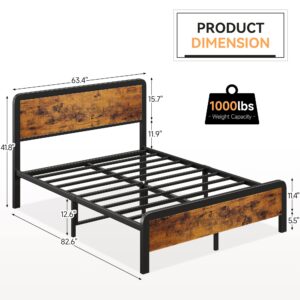 GarveeHome Queen Bed Frame with Headboard, Industrial Metal Platform Bed Frame, Rounded Corners, No Box Spring Needed, Noise Free, Rustic Brown