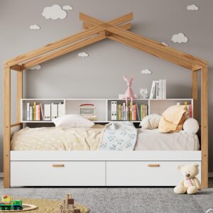 Merax Kids House Beds with Drawers & Shelves,Full Wood Storage Low Bed Frames for Boys,Girls, No Box Spring Need/Easy Assemble(Full,White)