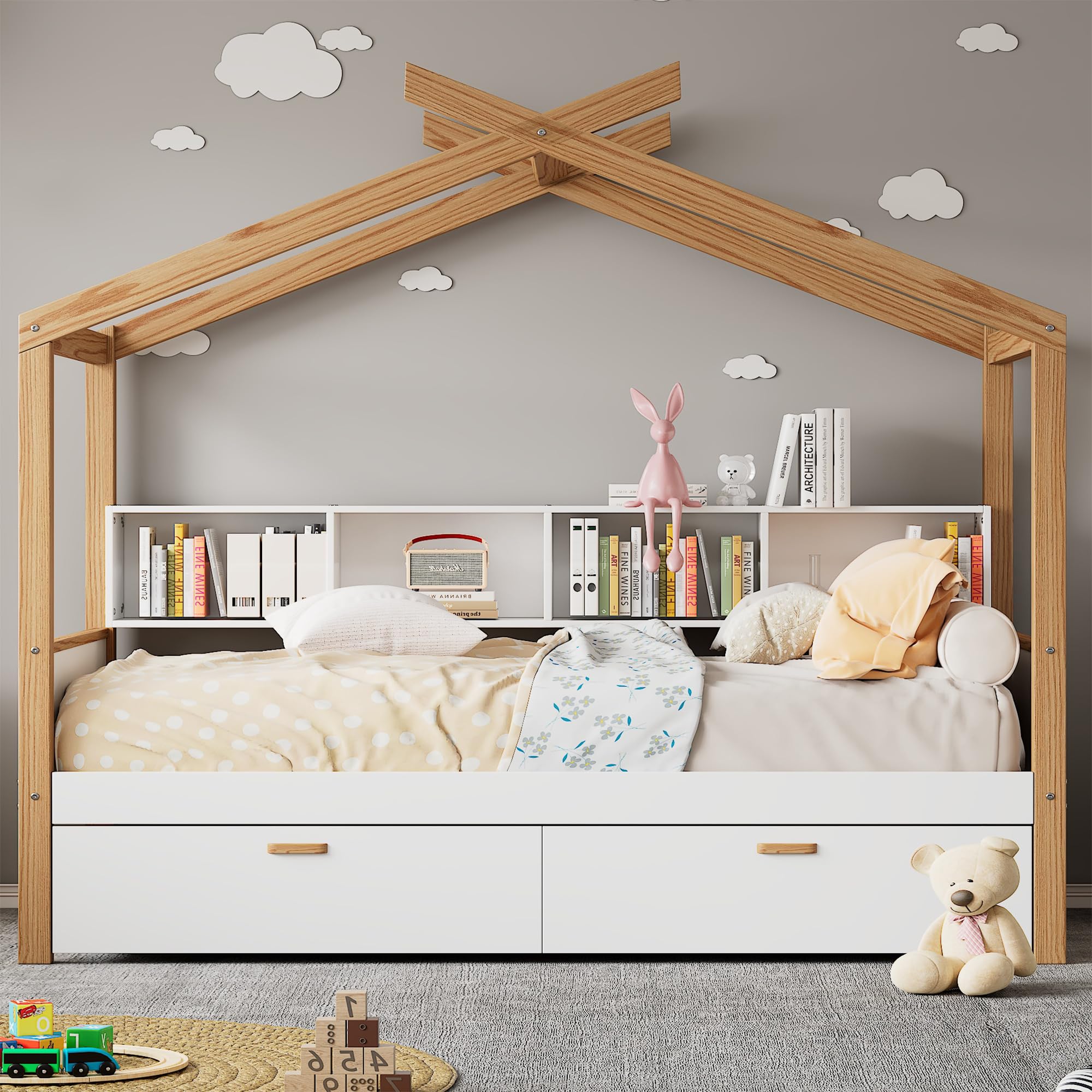 Merax Kids House Beds with Drawers & Shelves,Full Wood Storage Low Bed Frames for Boys,Girls, No Box Spring Need/Easy Assemble(Full,White)