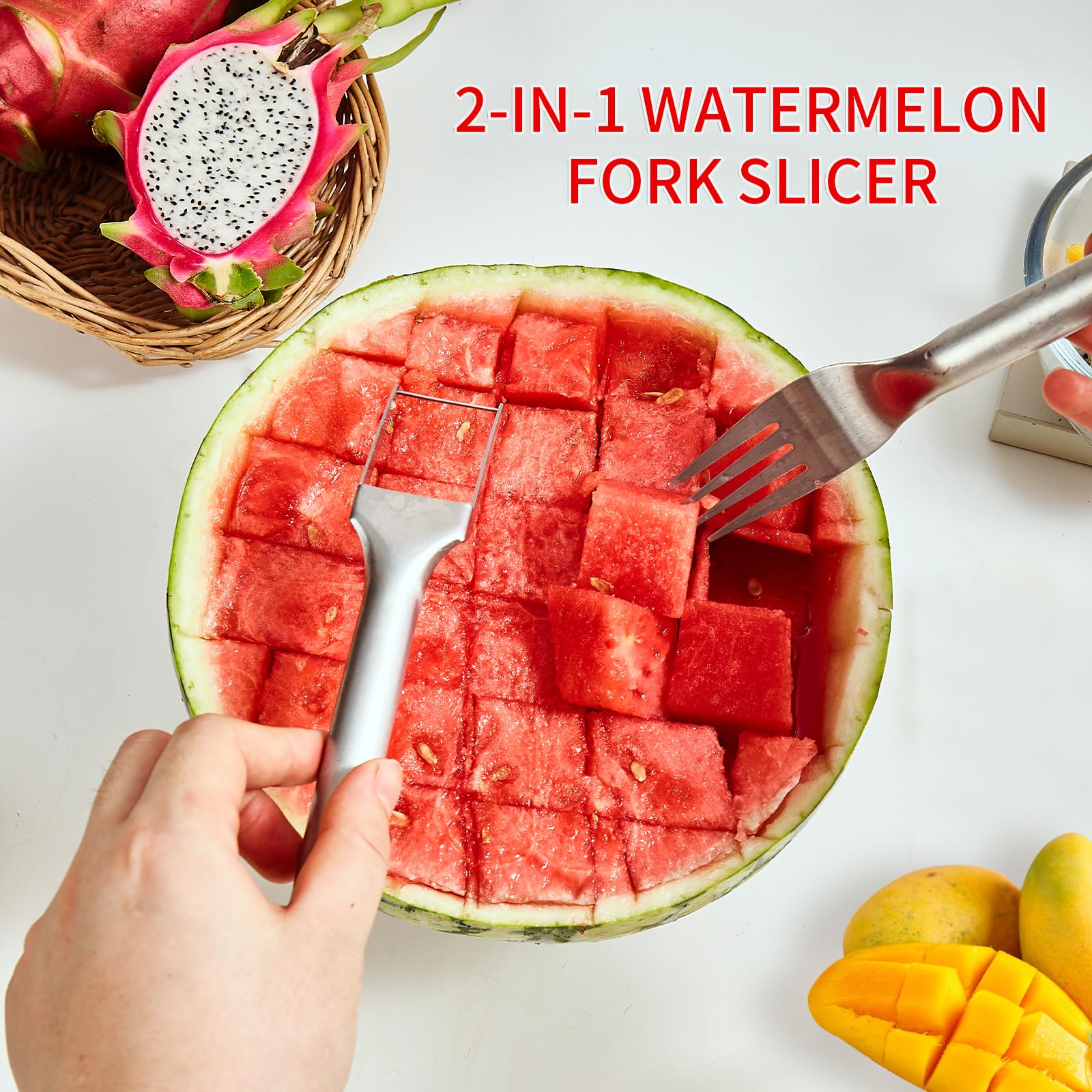 2Pcs Watermelon Cutter,2 in 1Watermelon Slicer Cutter Tool,Fruit Cutter Watermelon, Watermelon Slicer Cutter Tool Portable Fruit Slicing Knife and Fork for Family Party Camping