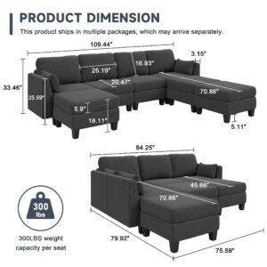 Huatean Home Modular Sectional Sofa, Convertible U Shaped Sofa Couch with High Density Memory Foam, 7 Seat Comfy Modular Sofa Couch for Living Room, Modern U Shaped Sectional Sofa, Dark Grey