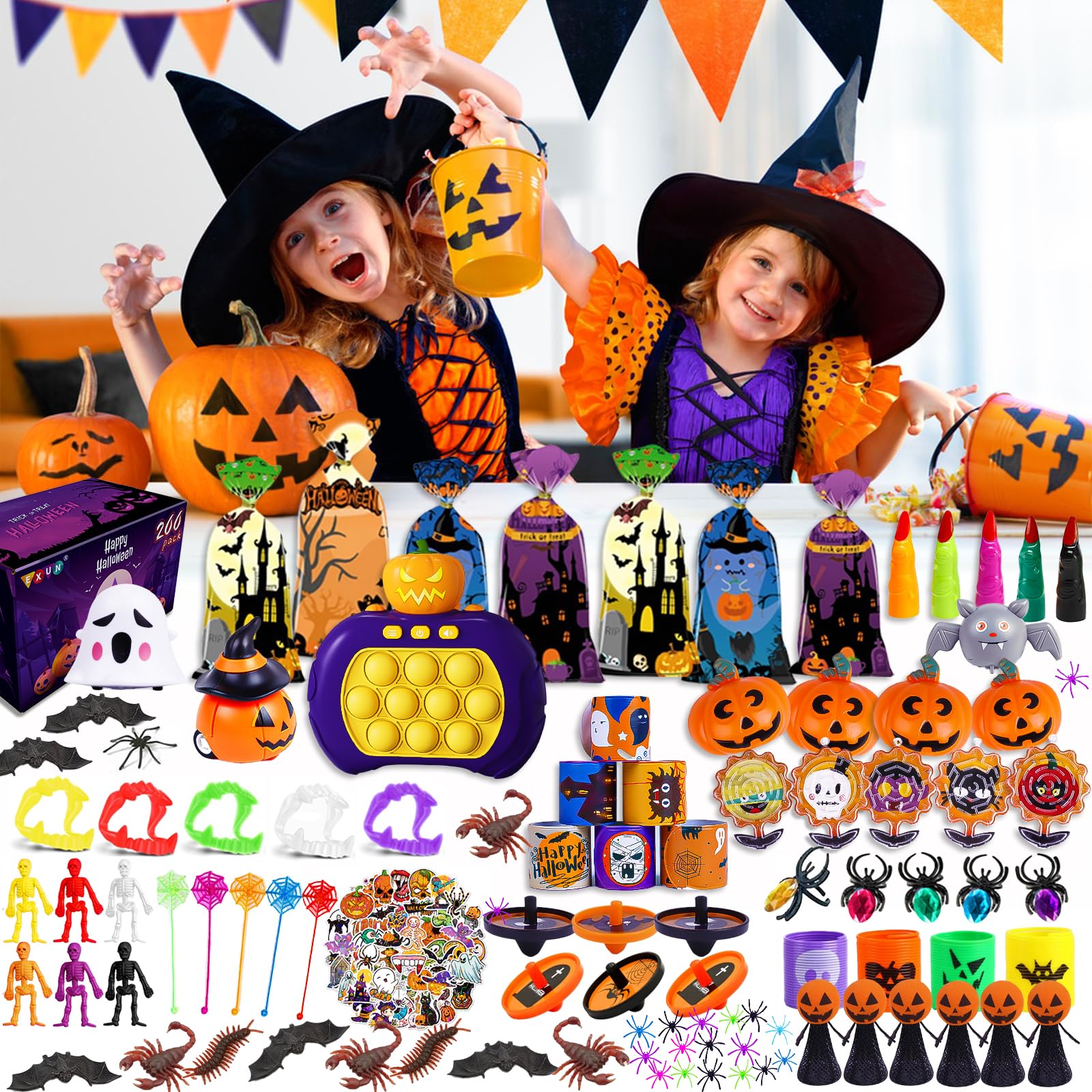 Exun 200PCS Halloween Party Favors, Bulk Halloween Toys for Treats, Non-Candy Classroom Prizes, Goodie Bag Stuffers, Pinata Fillers, Ideal Halloween Gifts for Kids, Teens, and Toddlers