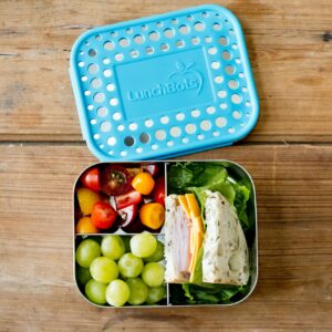 LunchBots Medium Trio II Snack Container - Divided Stainless Steel Food Container - Three Sections for Snacks On the Go - Eco-Friendly, Dishwasher Safe, BPA-Free - Stainless Lid (Aqua)