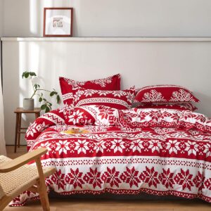 Christmas Duvet Cover Set Queen Size, Red and White Snowflake Xmas Holiday Pattern Design, Soft Microfiber Duvet Cover with Zipper Closure, Includes 1 Duvet Cover and 2 Pillow Shams