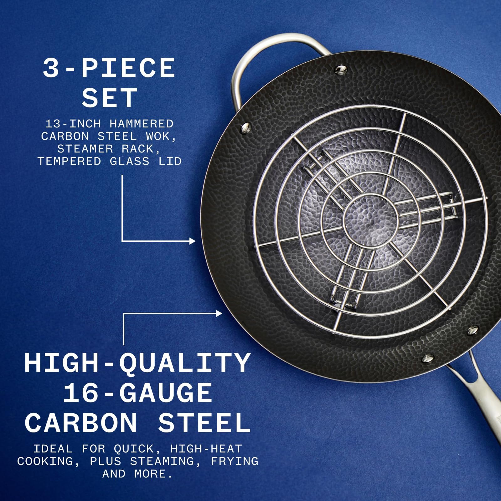 Milk Street 3-Piece 13-Inch Wok Body, Hammered Carbon Steel Flat Bottom Wok, Ideal for Stovetop Cooking