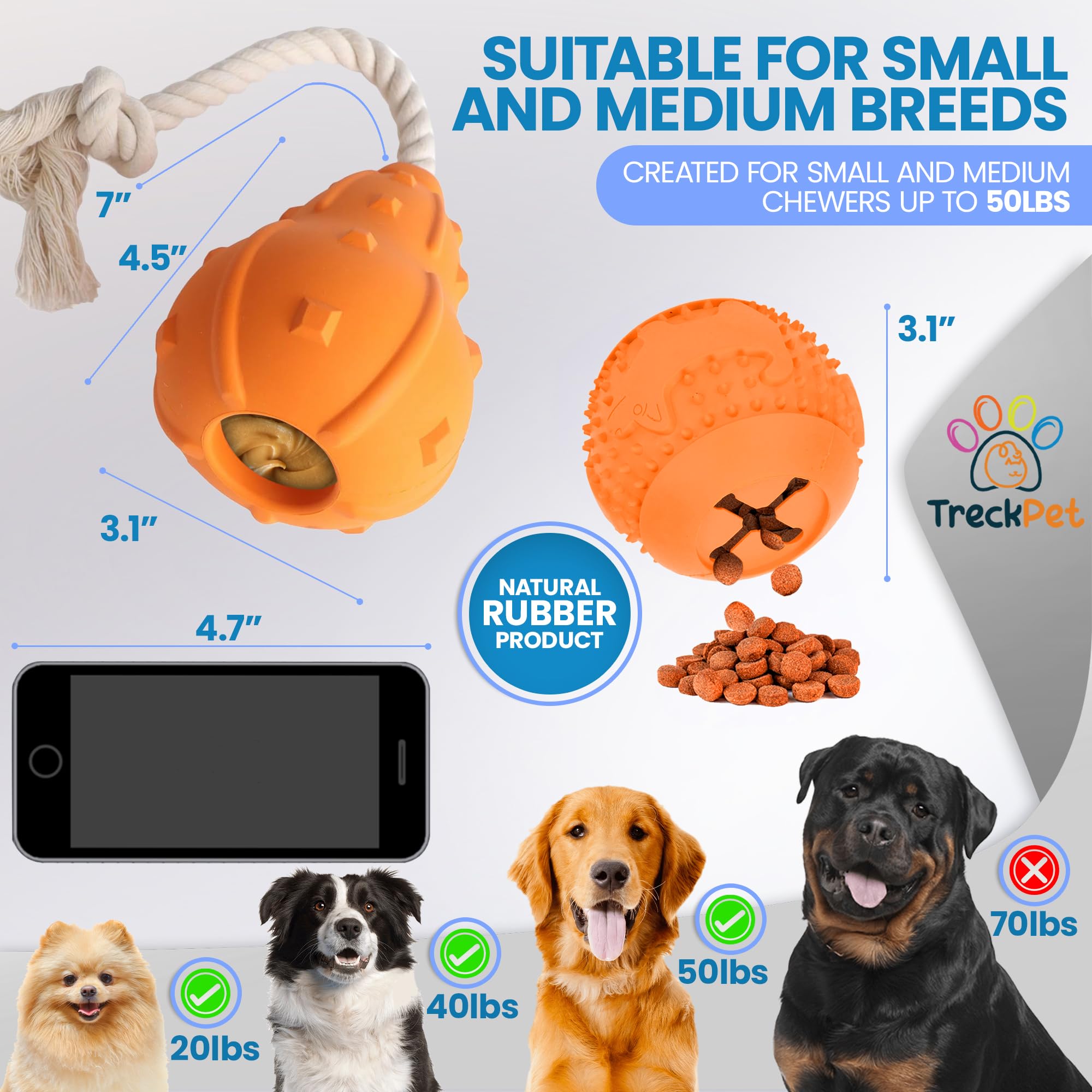 TRECKPET Dog Enrichment Toys Bundle-Dog Treat Toy & Dog Treat Ball-Quality Stuffable Dog Toy-Interactive Dog Treat Dispenser Toy and Durable Rubber Chew Toys for Small and Medium Dogs Up to 50Lbs