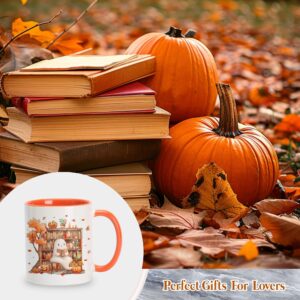 Hyturtle Fall Halloween Coffee Mug - Cute Ghost Reading Book Mug - Maple Leaves Spooky Pumpkin Gifts For Men Women On Halloween Birthday Christmas - 11oz Two Tone Orange/White Ceramic Coffee Tea Cup