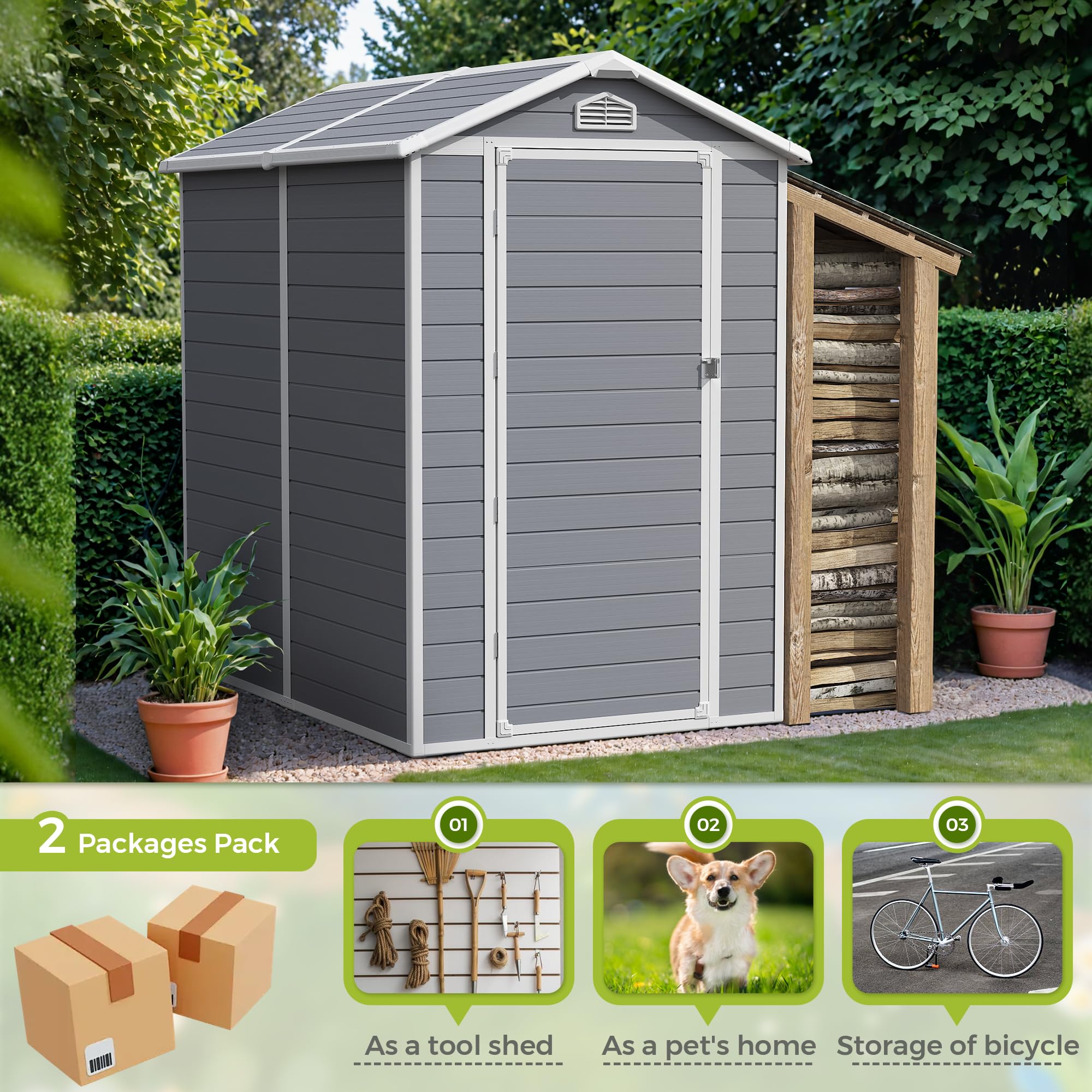 Greesum 6X4FT Resin Outdoor Storage Shed, All Weather Tool Room with Floor, Perfect for Storing Lawn Mowers, Garden Tools, Patio Furniture, Bicycles, Grey