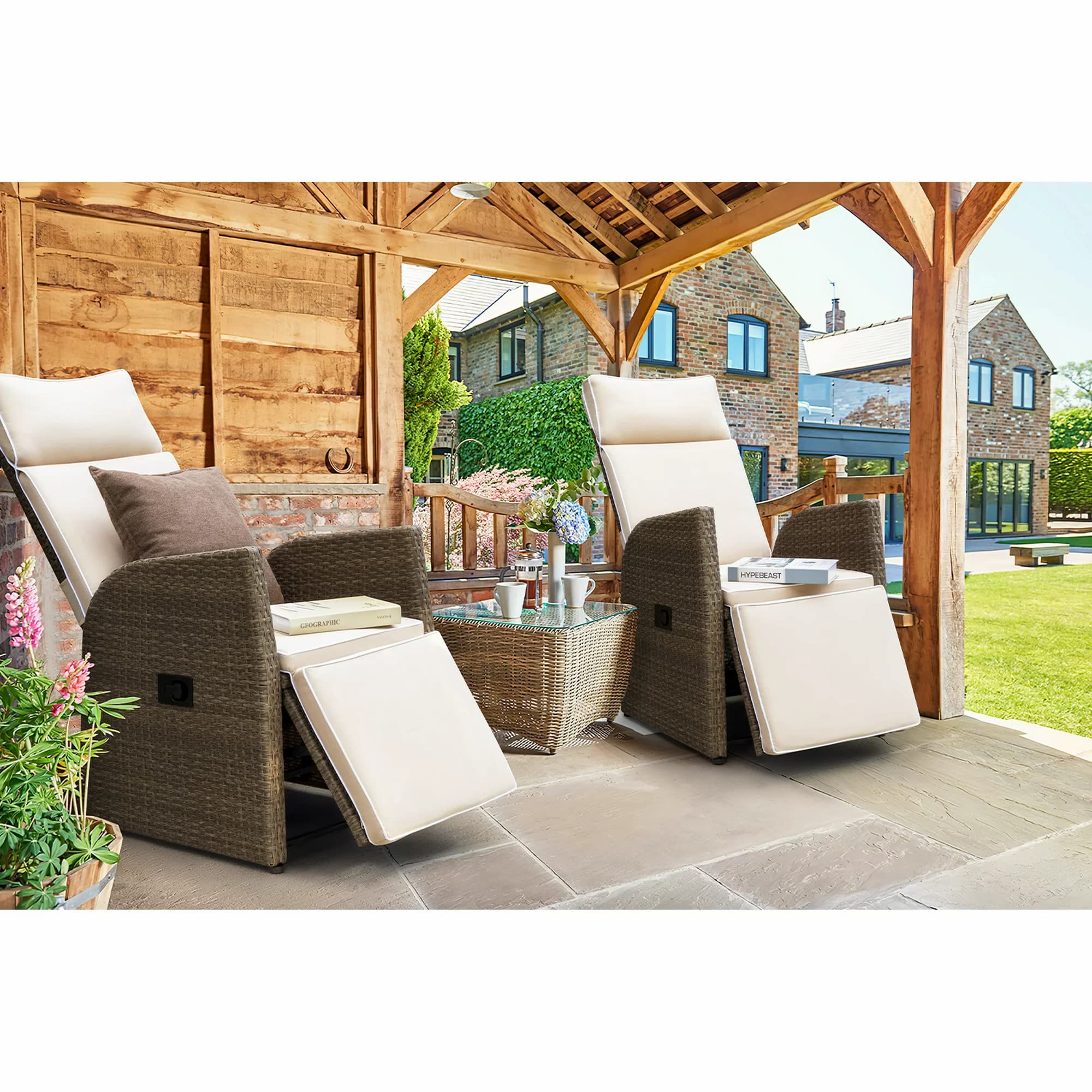 Greesum Patio Recliner All-Weather Wicker Outdoor Lounge Chair with Flip-up Side Table for Balcony, Porch, Lawn, Beige