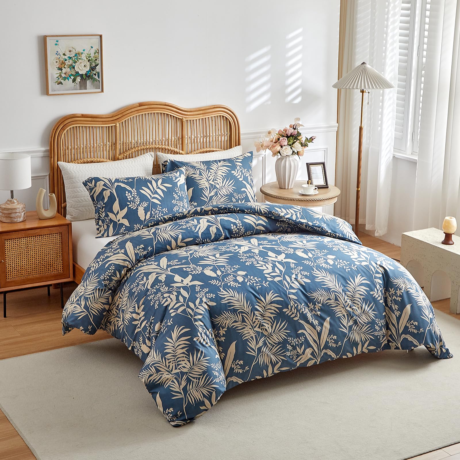 OLDBIAO Botanical Duvet Cover Set King Size, 3 Pieces Blue Floral Leaf Pattern Bedding Set with 2 Pillow Shams, Farmhouse Style Soft Microfiber Comforter Cover Set for All Season Use