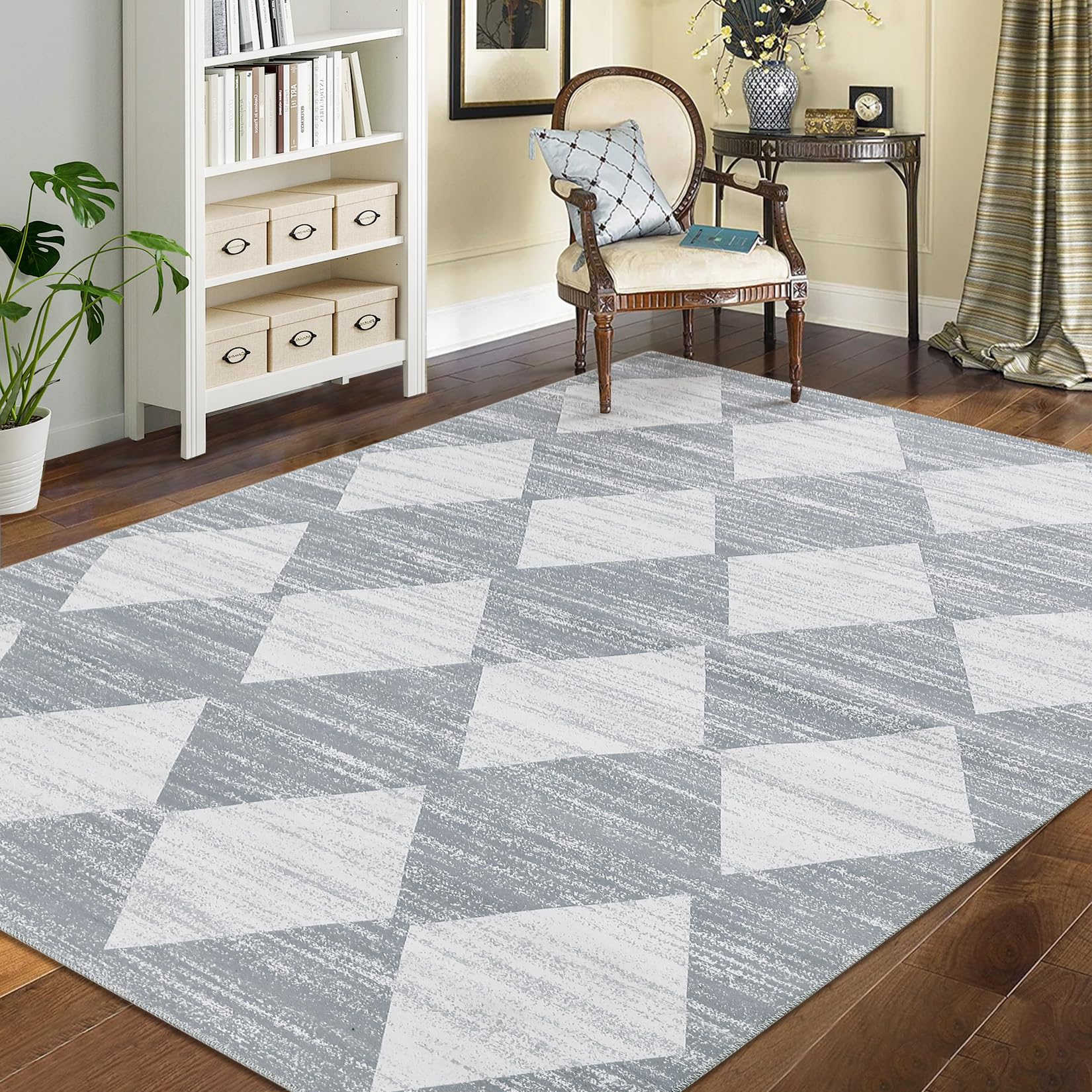 COZYLOOM 9x12 Area Rug Washable Rugs for Bedroom Office Nursery Geometric Checkered Accent Rugs Modern Trellis Living Room Rug Distressed Neutral Soft Rug Non Slip Farmhouse Floor Cover Grey