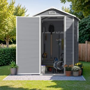 Greesum 6X4FT Resin Outdoor Storage Shed, All Weather Tool Room with Floor, Perfect for Storing Lawn Mowers, Garden Tools, Patio Furniture, Bicycles, Grey