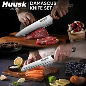 Huusk Damascus Chef Knife Set 3 PCS，VG10 Santoku Knife set，Damascus Kitchen Utility Knife set with Wooden Handle, Versatile Knife for Vegetable Fruit Meat, Birthday Dad Mom Gift