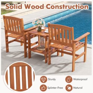 Tangkula 3 Piece Patio Conversation Set, Outdoor Wood Conversation Seat with Table and Umbrella Hole, Outdoor Furniture Set of 3 for Garden Poolside Backyard Balcony Porch