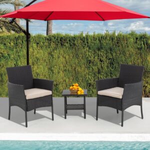 Ruesleag Patio Furniture 3 Pieces Outdoor Wicker Patio Furniture Conversation Set Patio Set Bistro Table Set for Backyard Porch Poolside Garden Balcony Lawn,Glass Coffee Table &RattanChairs Set,Black