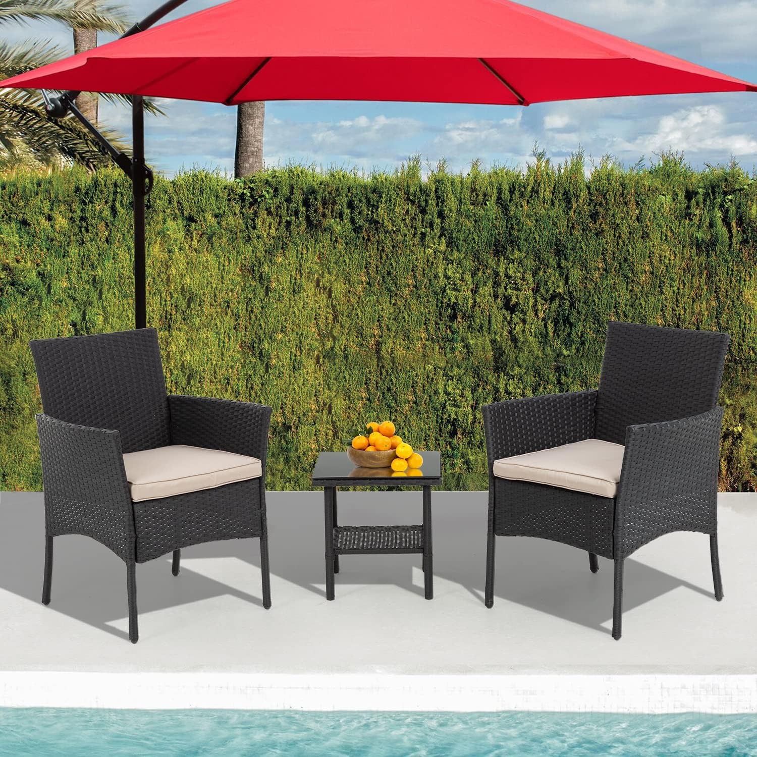 Ruesleag Patio Furniture 3 Pieces Outdoor Wicker Patio Furniture Conversation Set Patio Set Bistro Table Set for Backyard Porch Poolside Garden Balcony Lawn,Glass Coffee Table &RattanChairs Set,Black