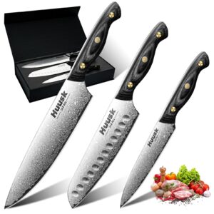 huusk damascus chef knife set 3 pcs，vg10 santoku knife set，damascus kitchen utility knife set with wooden handle, versatile knife for vegetable fruit meat, birthday dad mom gift