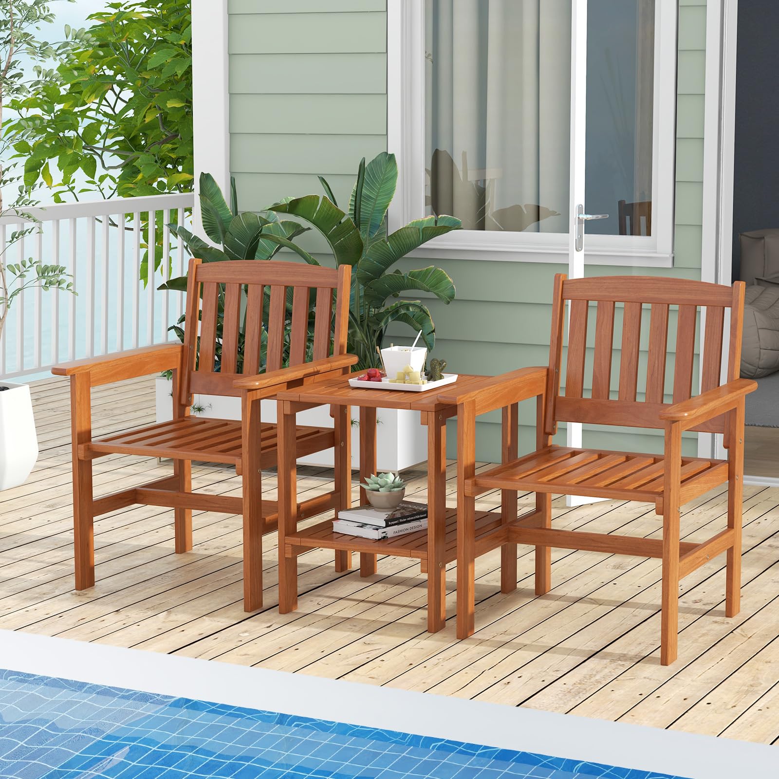 Tangkula 3 Piece Patio Conversation Set, Outdoor Wood Conversation Seat with Table and Umbrella Hole, Outdoor Furniture Set of 3 for Garden Poolside Backyard Balcony Porch